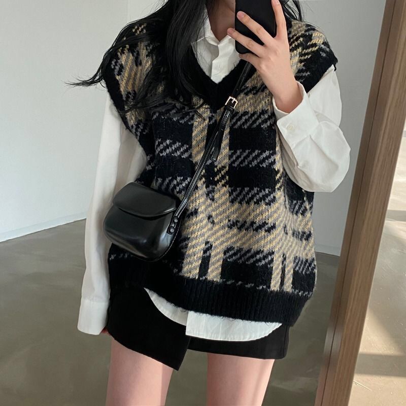 Women Formal Wear Korean - Plaid Lady Sweaters Tops 2025 Wear