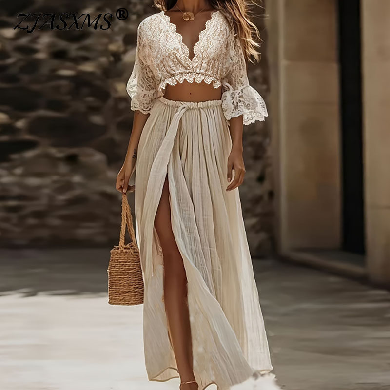 Women Formal Wear Set - Womens Bohemian Lace Two Piece Set