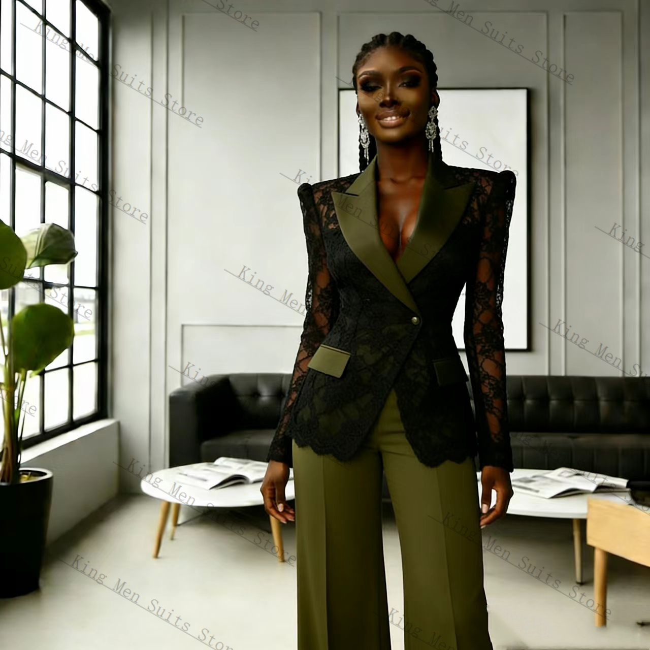 Women Formal Wear Trousers - Green Black Lace Women Suit Set