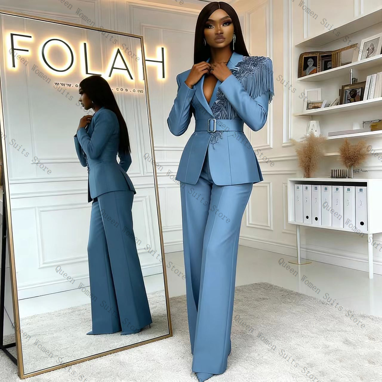 Women Formal Wear Trousers - Tassel Blue Women Suit Pants Set