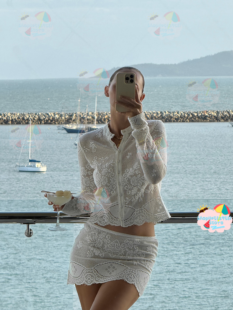 Women'S Holiday Formal Wear - White Floral Hollow Crochet Two Piece