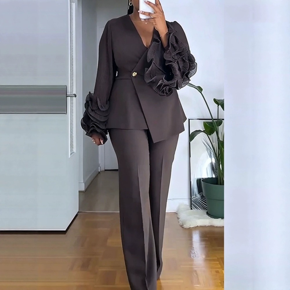 Women Formal Wear Set - Women's 2‑Piece Pant Suit Deep‑V Ruffle