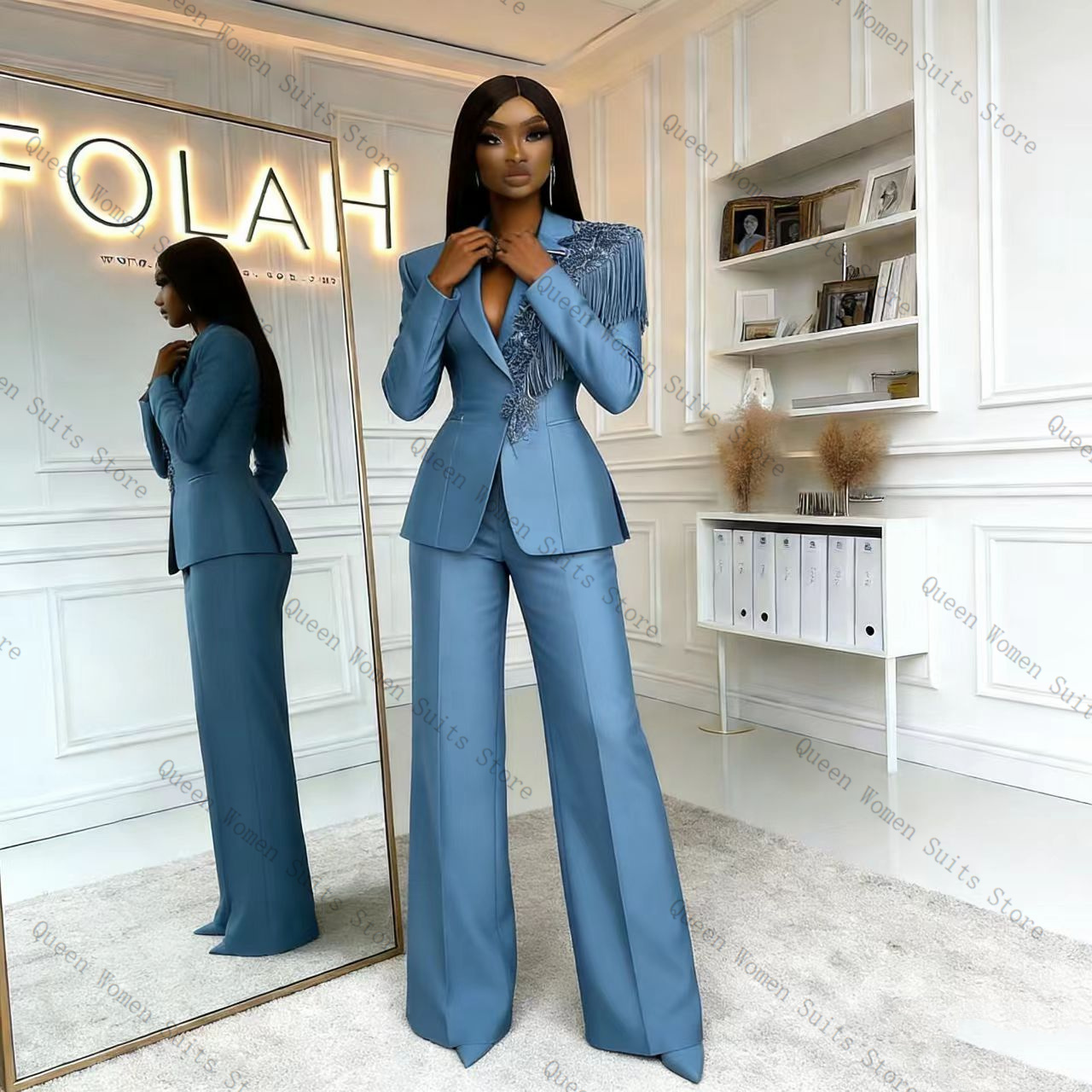 Tassel Blue Women Suit Pants S - Women Formal Wear Trousers review and price