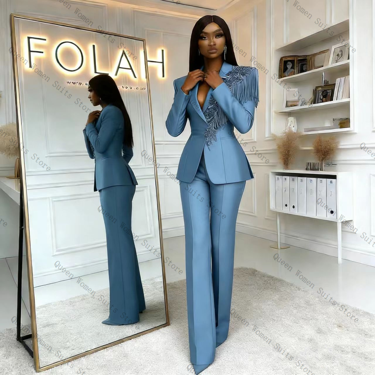 Tassel Blue Women Suit Pants S - Women Formal Wear Trousers review and price
