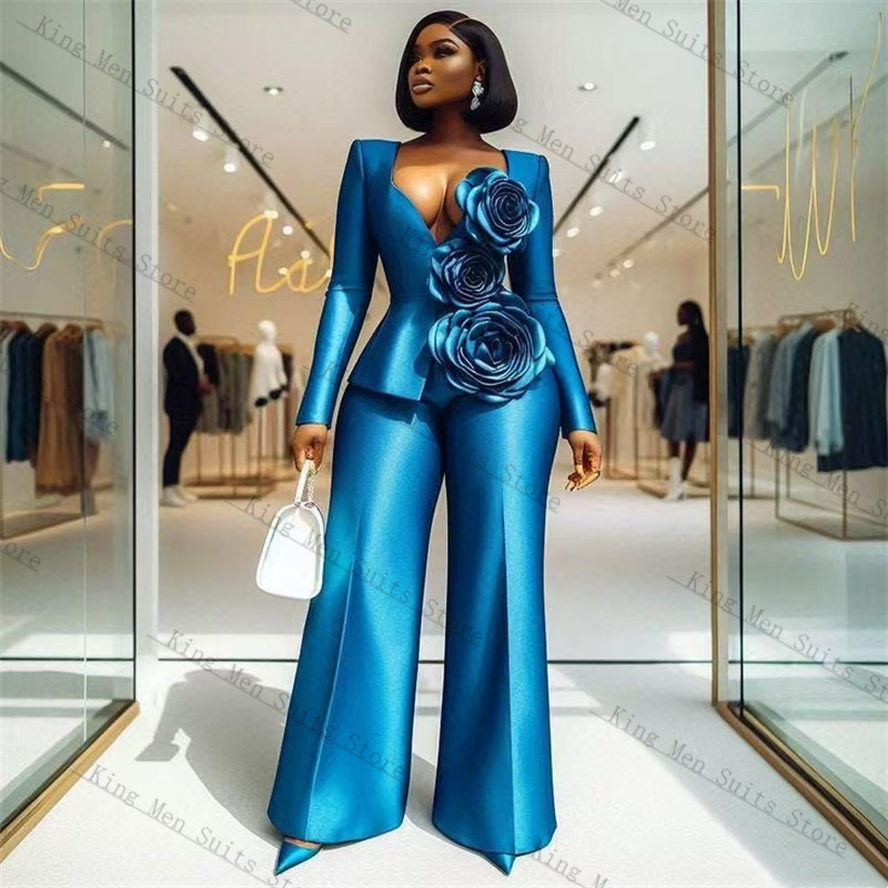Blue Satin Women Suit Set 2 Pc - Women Formal Wear Trousers review and price