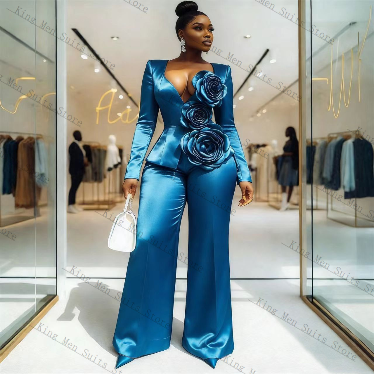 Blue Satin Women Suit Set 2 Pc - Women Formal Wear Trousers review and price