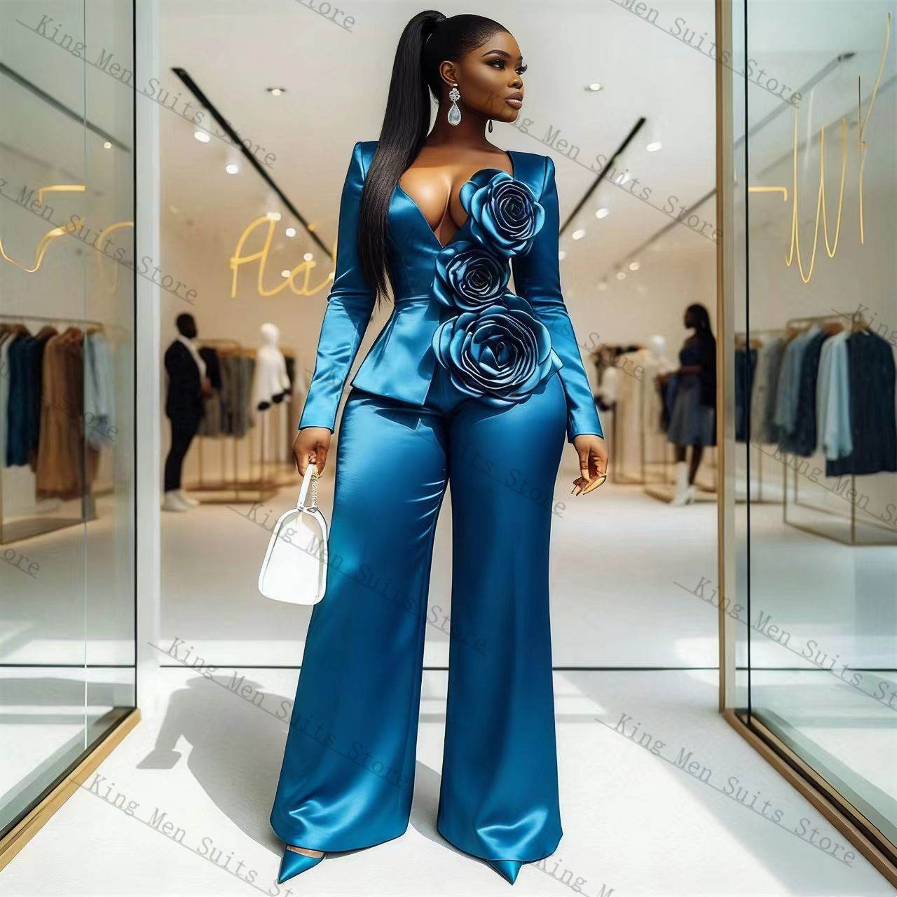 Blue Satin Women Suit Set 2 Pc - Women Formal Wear Trousers review and price